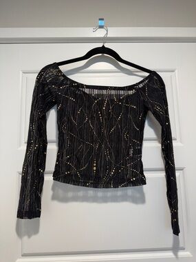 SHEIN Black Off-Shoulder Long Sleeve Top with Gold Dot Accents